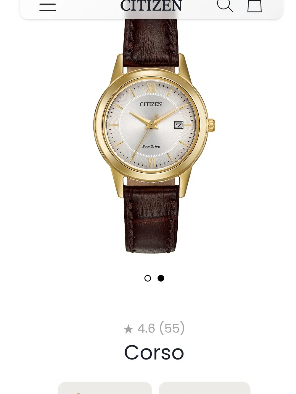 Citizen Gold Tone Case Watch with Brown Strap.